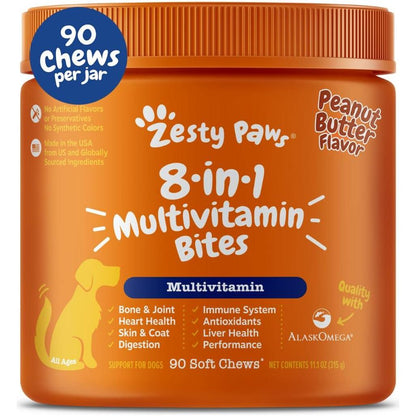 Zesty Paws Multivitamin Dog Treats, 90 Ct Peanut Butter, with Glucosamine, Chondroitin, Probiotics & Digestive Enzymes