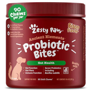 Zesty Paws Probiotics for Dogs, 90 Ct, Bison Flavor, Soft Chews with Digestive Enzymes & Gut Health Support