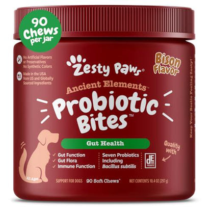 Zesty Paws Probiotics for Dogs, 90 Ct, Bison Flavor, Soft Chews with Digestive Enzymes & Gut Health Support