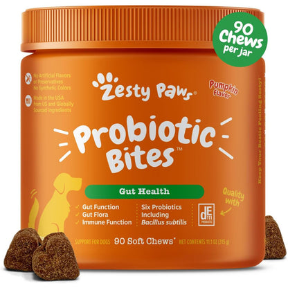 Zesty Paws Dog Probiotic Chews for Digestive Health and Immunity with DE111 Enzyme Support Pumpkin Flavor
