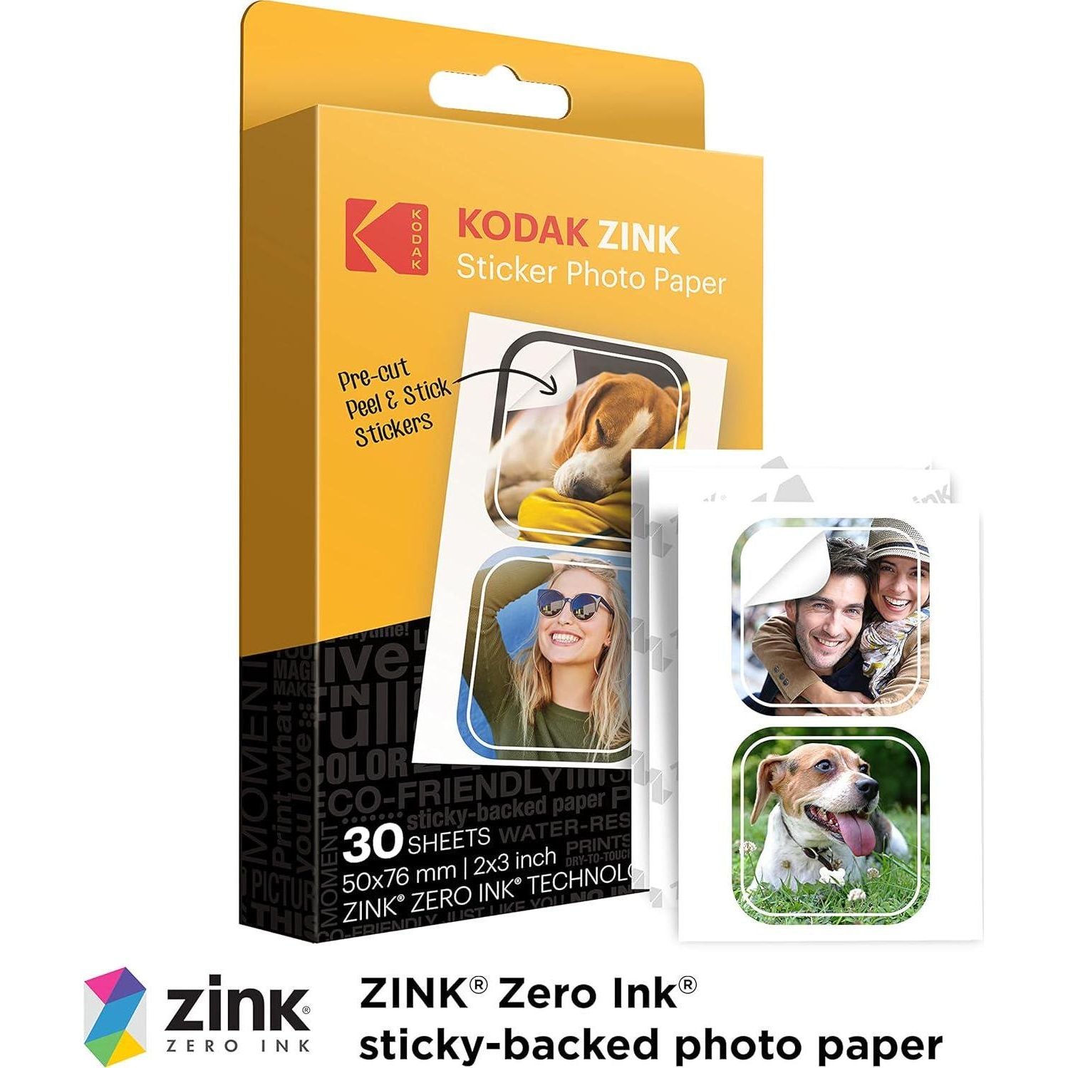 Zink KODAK 2 X3 Premium Pre-Cut Sticker Photo Paper (30 Sheets) Compatible With All KODAK 2x3 Instant Print Products Except Printomatic,