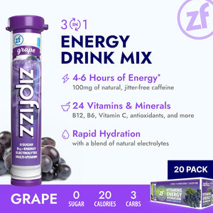 Zipfizz Daily Energy Drink Powder, Grape Flavor, 20-Pack, Sustained Energy, Rapid Hydration, Sugar-Free, Vitamin B12 & Antioxidants