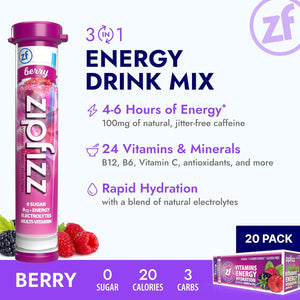 Zipfizz Zipfizz Daily Energy Drink Powder, Berry, 20 Pack | 3-in-1 Sustained Energy, Rapid Hydration, And Essential Vitamins | Sugar-Free | Electrolyte Powder | Contains Vitamin B-12 And Antioxidants
