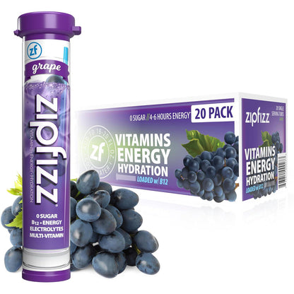 Zipfizz Daily Energy Drink Powder, Grape Flavor, 20-Pack, Sustained Energy, Rapid Hydration, Sugar-Free, Vitamin B12 & Antioxidants