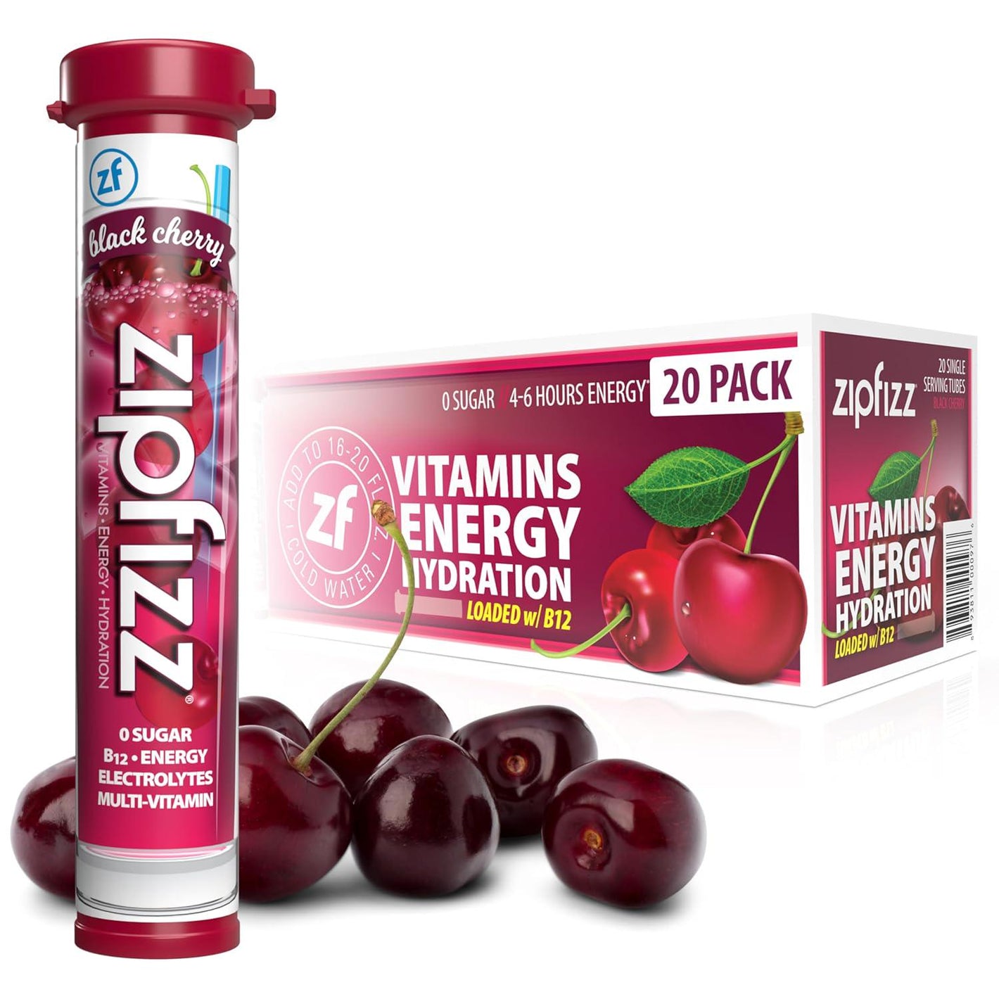 Zipfizz Daily Energy Drink Powder, Black Cherry - 20 Pack 3-in-1 Energy, Hydration, and Vitamins Sugar-Free, Electrolytes, Vitamin B12