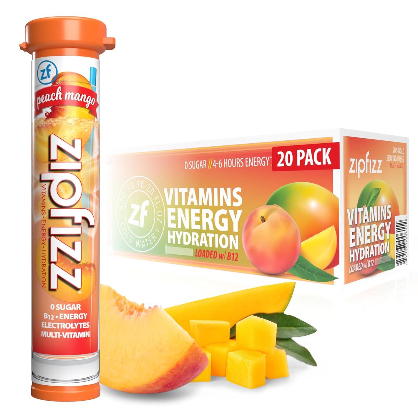 Zipfizz Daily Energy Drink Powder, Peach Mango Flavor, 20-Pack, 3-in-1 Sustained Energy, Rapid Hydration & Essential Vitamins, Sugar-Free Electrolyte Powder