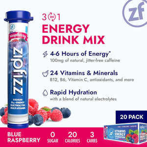 Zipfizz Daily Energy Drink Powder, Blue Raspberry, 20-Pack, Sugar-Free, Electrolyte, Vitamin B12 & Antioxidants for Rapid Hydration