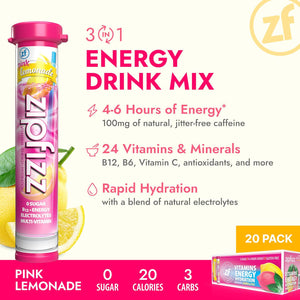 Zipfizz Daily Energy Drink Powder, Pink Lemonade, 20 Pack, Electrolyte Powder with Vitamin B12 & Antioxidants