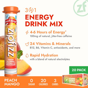 Zipfizz Daily Energy Drink Powder, Peach Mango Flavor, 20-Pack, 3-in-1 Sustained Energy, Rapid Hydration & Essential Vitamins, Sugar-Free Electrolyte Powder