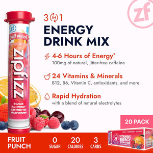 Zipfizz Healthy Energy Drink Mix, Hydration with B12 & Multivitamins, Fruit Punch, 20 Tubes per Pack