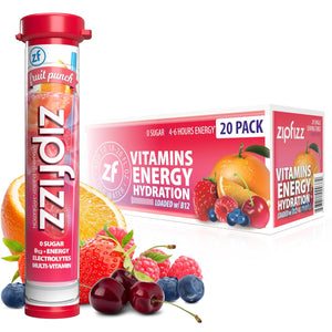 Zipfizz Healthy Energy Drink Mix, Hydration with B12 & Multivitamins, Fruit Punch, 20 Tubes per Pack