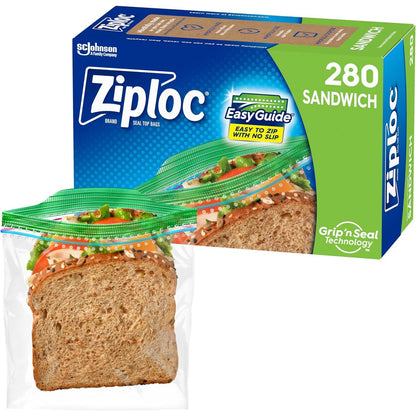 Ziploc Sandwich and Snack Bags with EasyGuide Texture, Grip ‘n Seal Technology, 280 Bags Total
