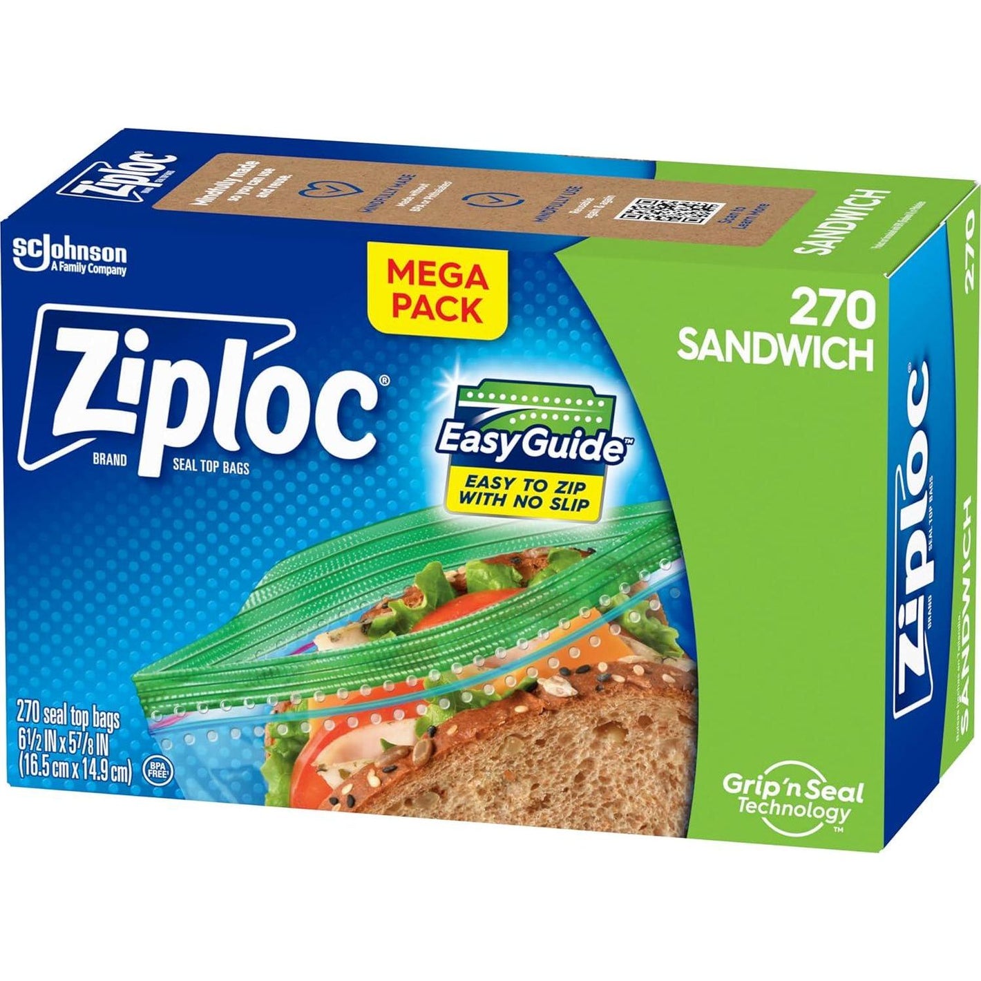 Ziploc Sandwich & Snack Bags, EasyGuide Texture, Plastic Storage Bags with Grip 'n Seal Technology, 270 Bags Total