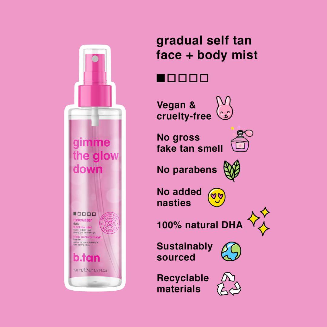 B.TAN B.tan Clear Face Tan Mist | Gimme The Glow Down - Best Facial Tanner Spray, Gradual Bronzing Sunless Tanning Water, Infused With Rosewater, Vegan, Cruelty Free, 6.7 Fl Oz