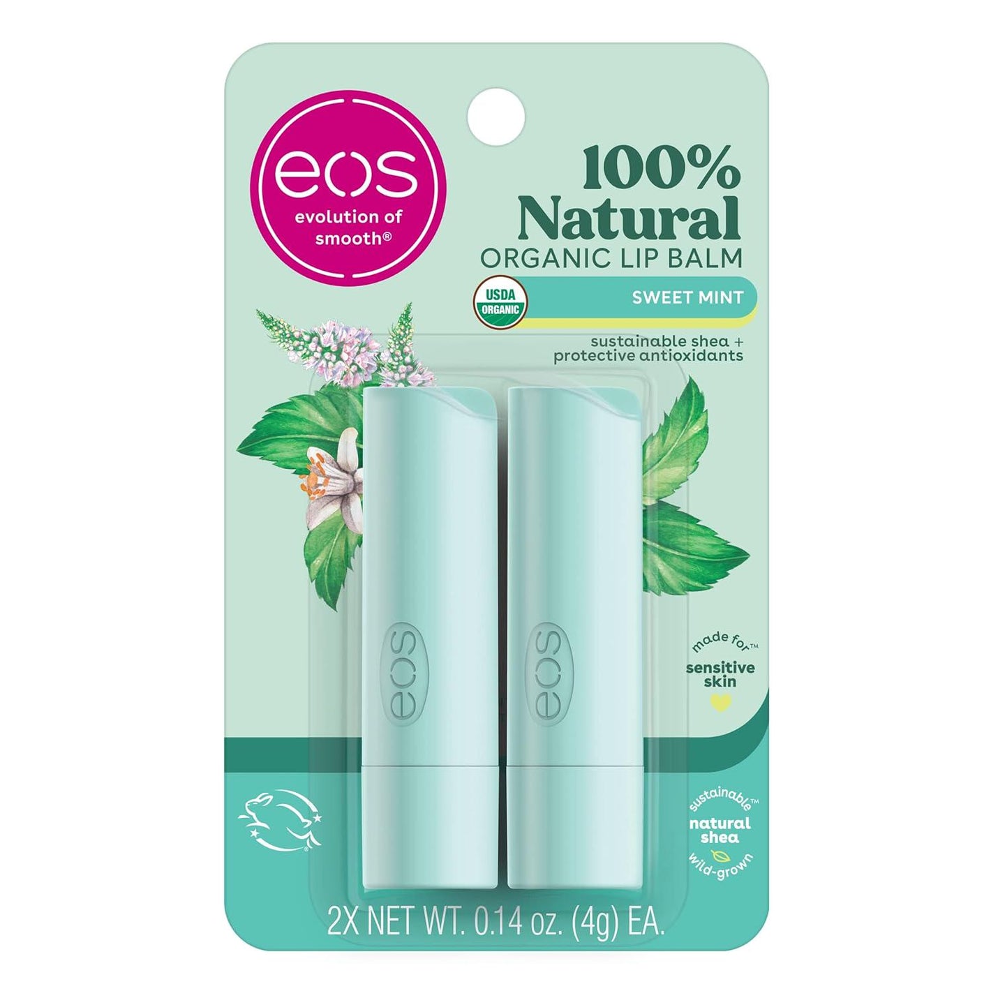 eos Eos 100% Natural And Organic Lip Balm Sticks- Sweet Mint, All-Day Moisture, Dermatologist Recommended For Sensitive Skin, 0.14 Oz, 2-Pack