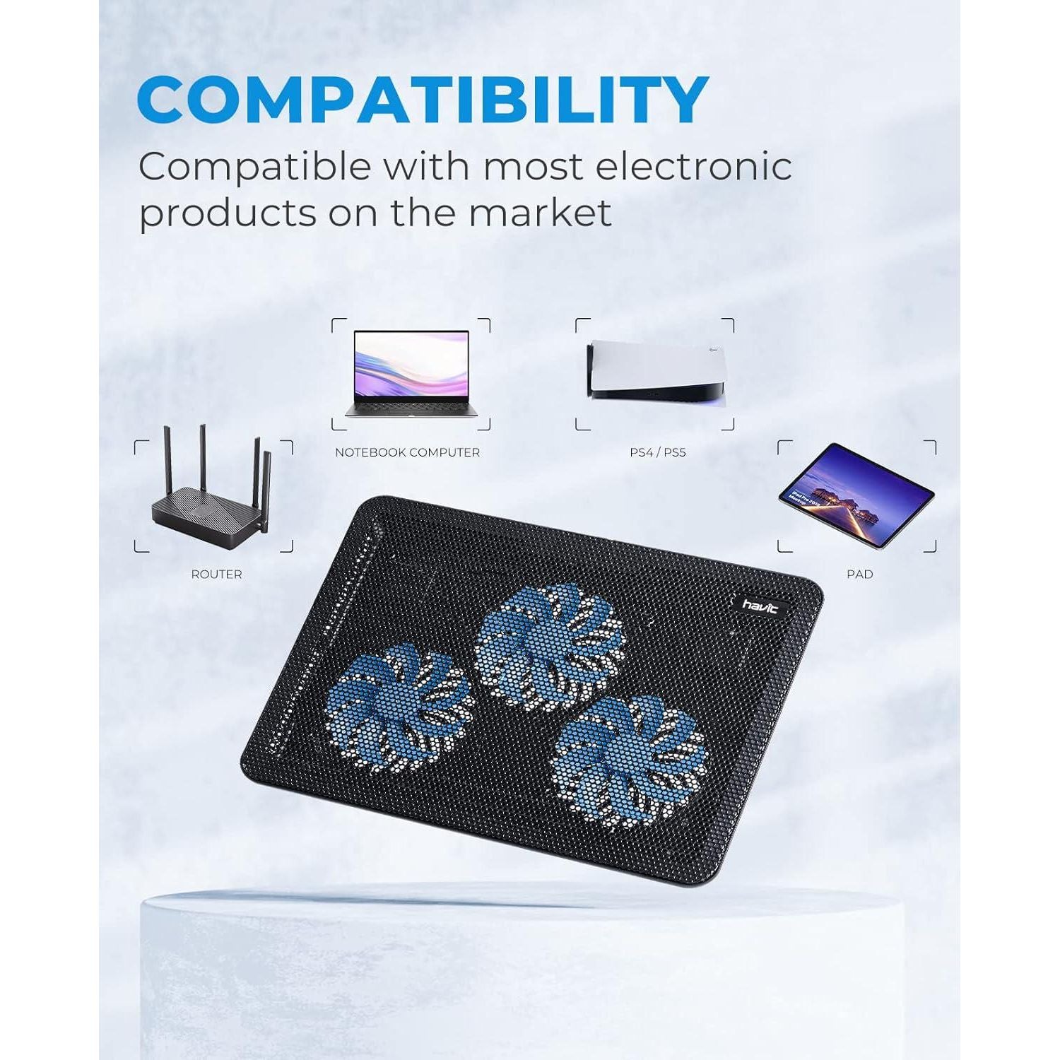 Havit HV-F2056 15.6 -17 Laptop Cooler Cooling Pad - Slim Portable USB Powered (3 Fans), Black/Blue,