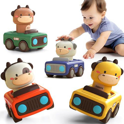 iPlay iLearn Press and Go Car Toys for 6 to 18 Months Baby Push Friction Cars 4 Pack Animal Design