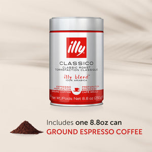 Illy Classico Espresso Ground Coffee, Medium Roast, Classic Roast with Notes of Chocolate & Caramel, 100% Arabica, 88oz Ground for Espresso Machines
