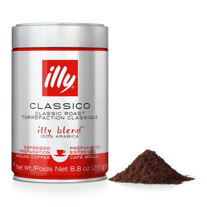 Illy Classico Espresso Ground Coffee, Medium Roast, Classic Roast with Notes of Chocolate & Caramel, 100% Arabica, 88oz Ground for Espresso Machines