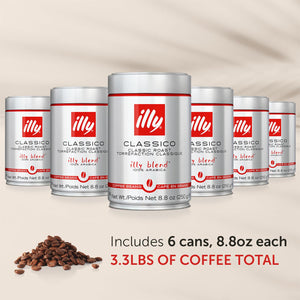 Illy Classico Whole Bean Coffee, Medium Roast, Classic Roast with Notes of Caramel, Orange Blossom & Jasmine, 100% Arabica, 88oz, Pack of 6