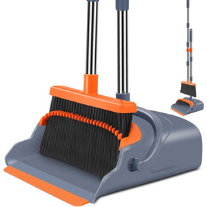 Kelamayi Broom & Dustpan Set, Self-Cleaning with Dustpan Teeth, Indoor/Outdoor Sweeping, Ideal for Pet Hair, Stand-Up Broom & Dustpan, Gray/Orange