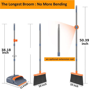 Kelamayi Broom & Dustpan Set, Self-Cleaning with Dustpan Teeth, Indoor/Outdoor Sweeping, Ideal for Pet Hair, Stand-Up Broom & Dustpan, Gray/Orange