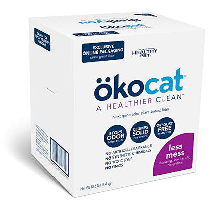 Okocat Less Mess Wood Clumping Cat Litter, 18.6 lb, Mini Pellets, Low Tracking, Unscented, Dust-Free