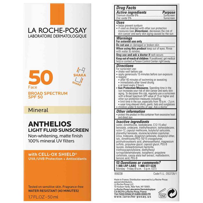 La Roche-Posay Anthelios SPF 50 Mineral Liquid Fluid Sunscreen 50ml back uses ingredients 