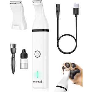 Oneisall Cordless Dog Clippers for Small Pets, Low Noise, Double Blade Grooming Trimmer for Paws, Eyes, Face, White