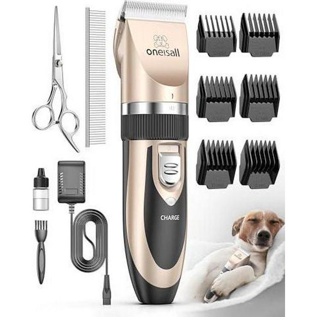 Oneisall Dog Clipper Gold Low Noise Cordless Pet Hair Grooming Kit with Rechargeable Trimmer Set