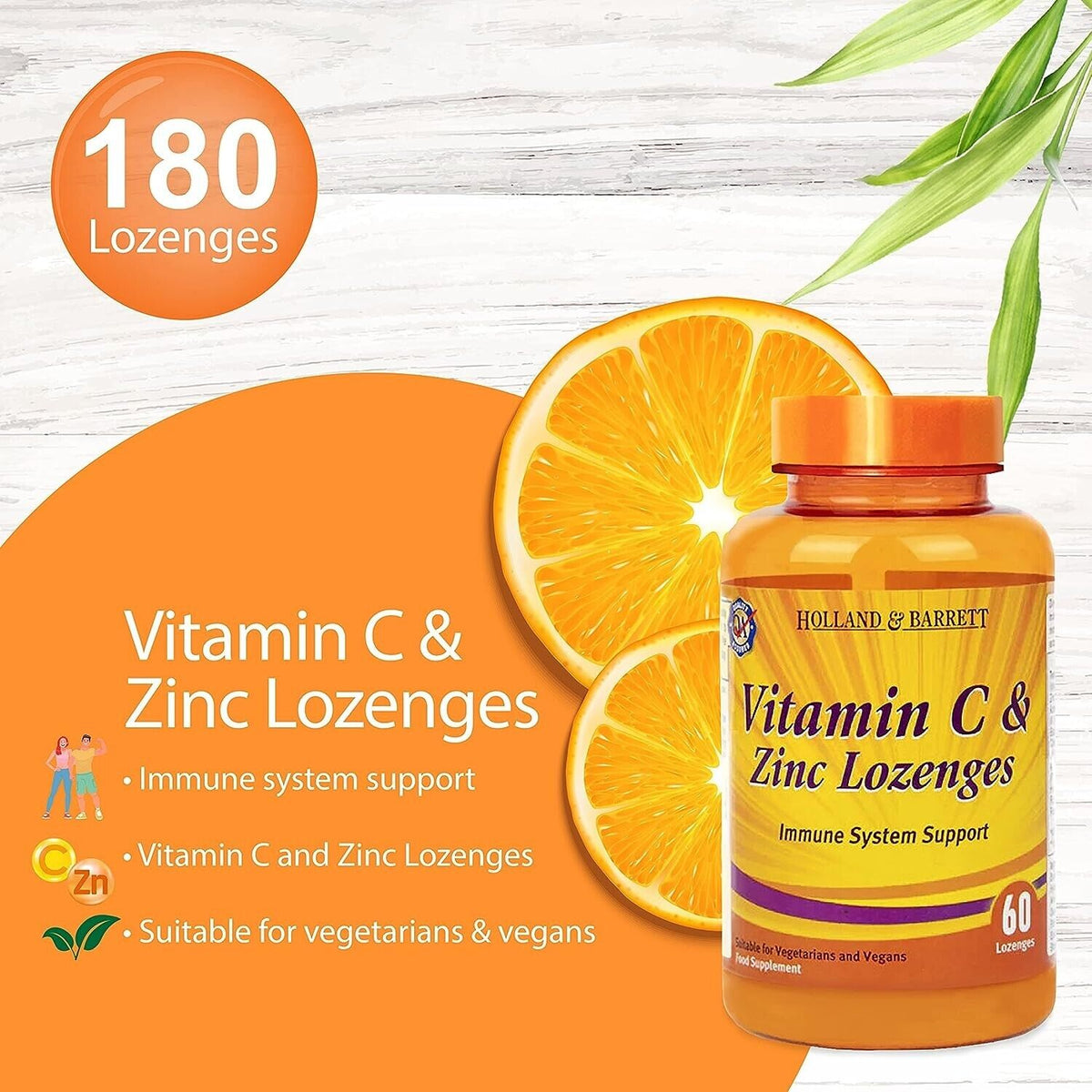Holland & Barrett Vitamin C & Zinc Lozenges For Immune System Support 60 Veg Tablets,5017174053515