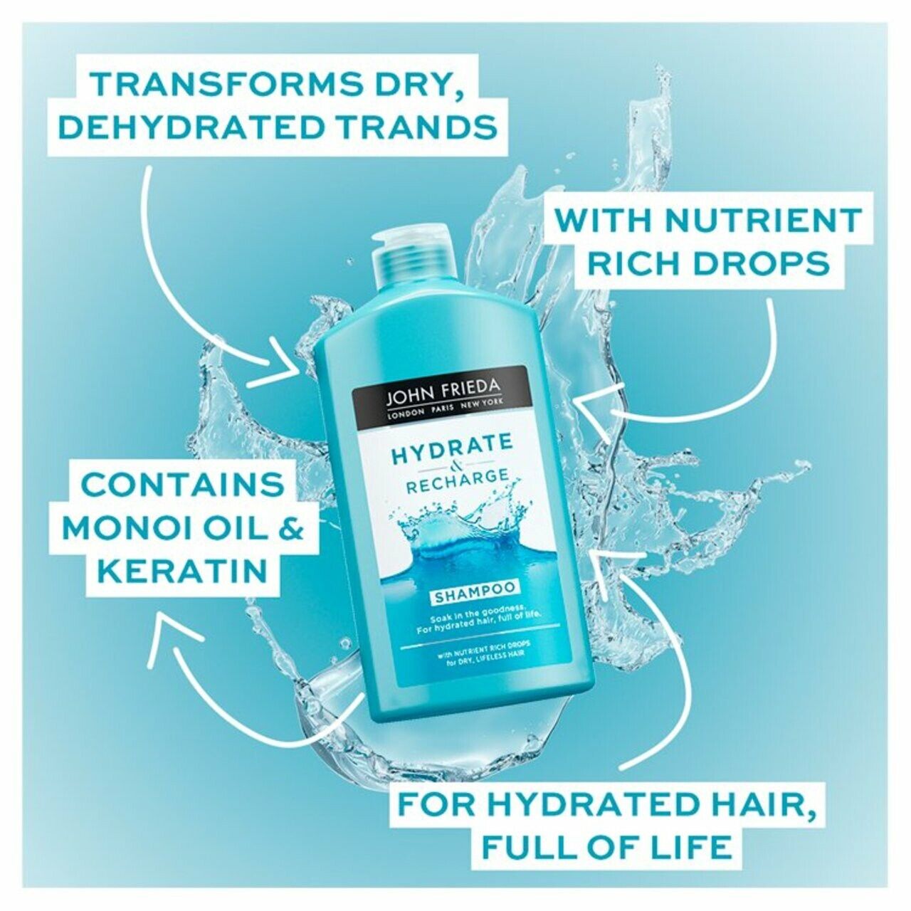 John Frieda Hydrate & Recharge Nutrient Rich Drops Shampoo 250ml,5037156263633,