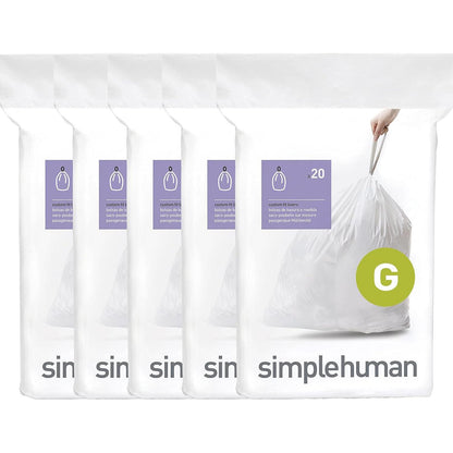 Simplehuman Code G 100-Count Genuine Custom Fit Drawstring Trash Bags, 30 Liter (8 Gallon), White, Dispenser Packs for Easy Use
