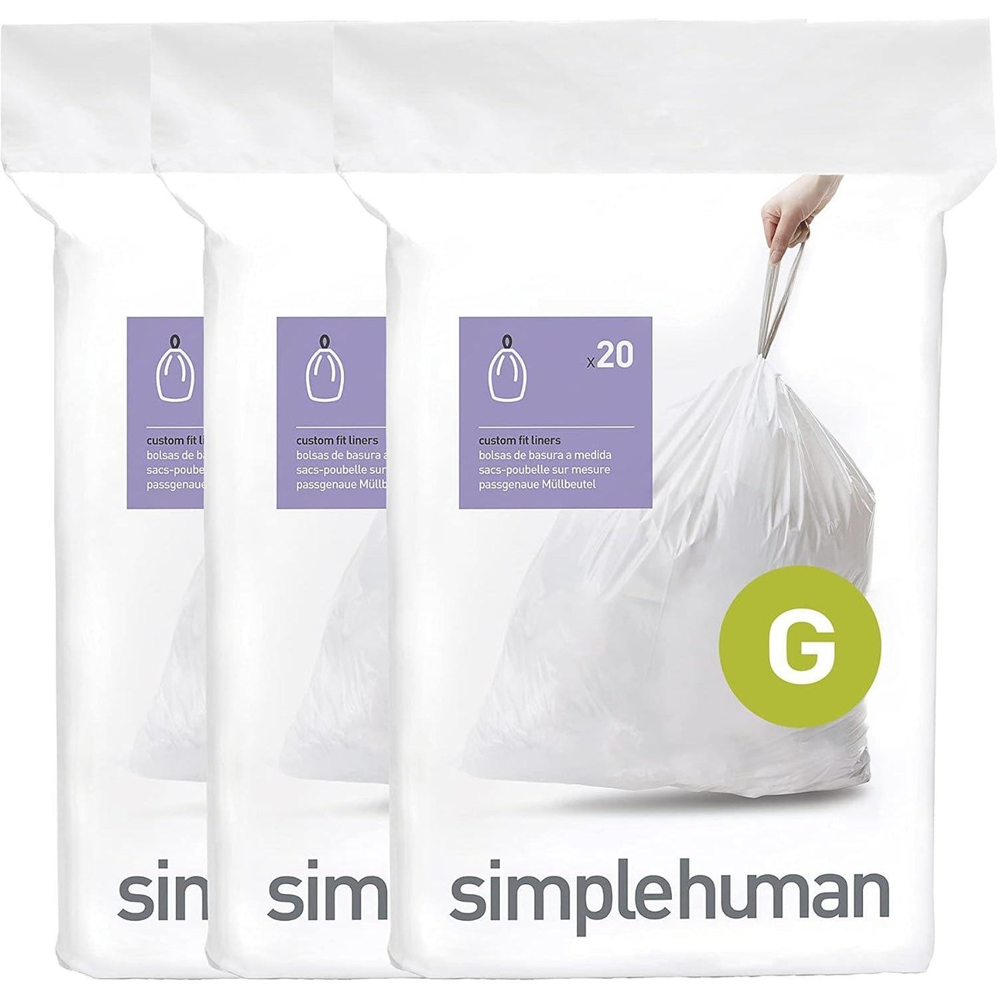 SimpleHuman Code G, 60 Count Genuine Custom Fit Liners, Drawstring Trash Bags in Dispenser Packs, 30 Liter (8 Gallon), White