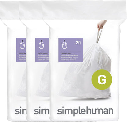 SimpleHuman Code G, 60 Count Genuine Custom Fit Liners, Drawstring Trash Bags in Dispenser Packs, 30 Liter (8 Gallon), White