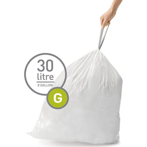SimpleHuman Code G, 60 Count Genuine Custom Fit Liners, Drawstring Trash Bags in Dispenser Packs, 30 Liter (8 Gallon), White