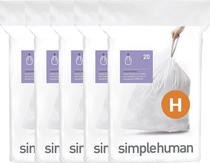 Simplehuman Code H, 100 Count, Genuine Custom Fit Drawstring Trash Bags, 30-35 Liter (8-9 Gallon), White, in Dispenser Packs