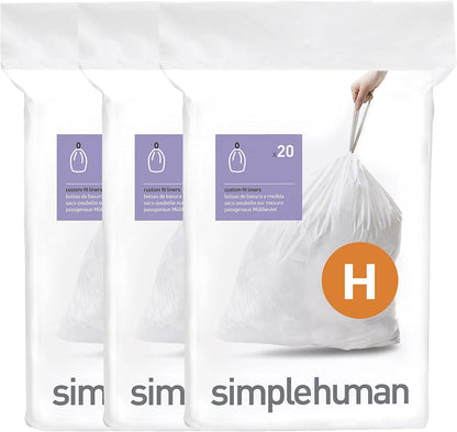 SimpleHuman Code H, 60 Count Genuine Custom Fit Liners, Drawstring Trash Bags in Dispenser Packs, 30-35 Liter (8-92 Gallon), White