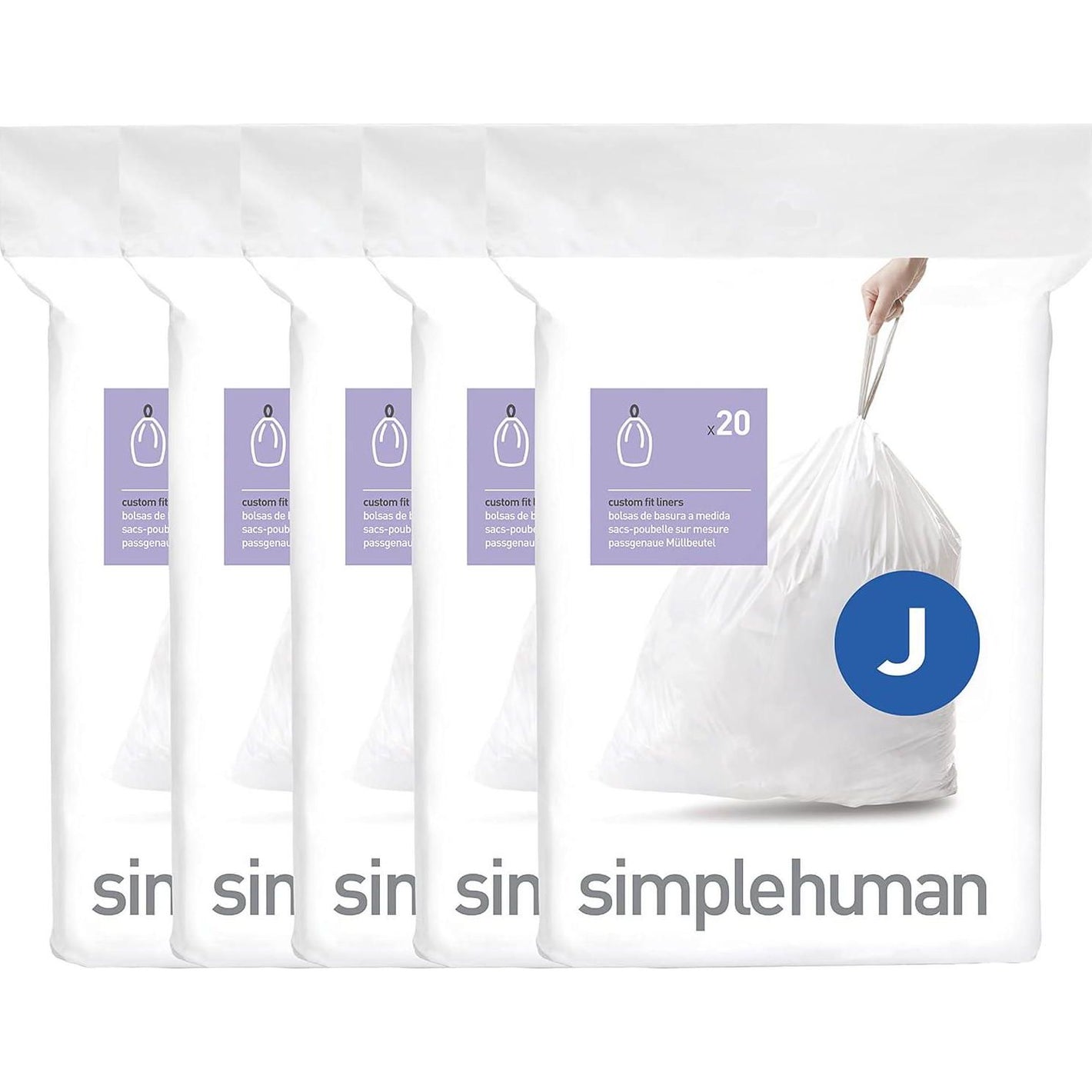 SimpleHuman Code J, 100 Count Genuine Custom Fit Liners, Drawstring Trash Bags in Dispenser Packs, 30-45 Liter (8-12 Gallon), White