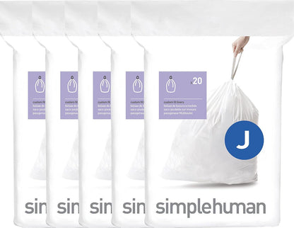 SimpleHuman Code J, 100 Count Genuine Custom Fit Liners, Drawstring Trash Bags in Dispenser Packs, 30-45 Liter (8-12 Gallon), White
