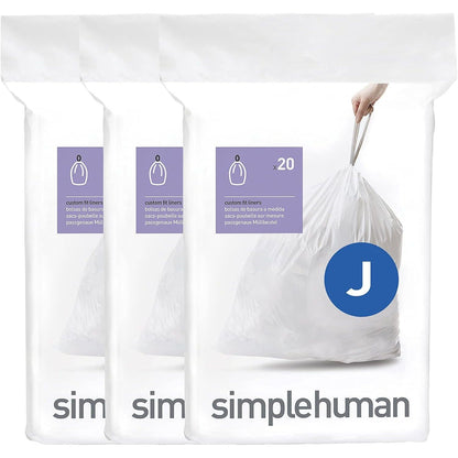 SimpleHuman Code J, 60 Count Genuine Custom Fit Liners, Drawstring Trash Bags in Dispenser Packs, 30-45 Liter (8-12 Gallon), White