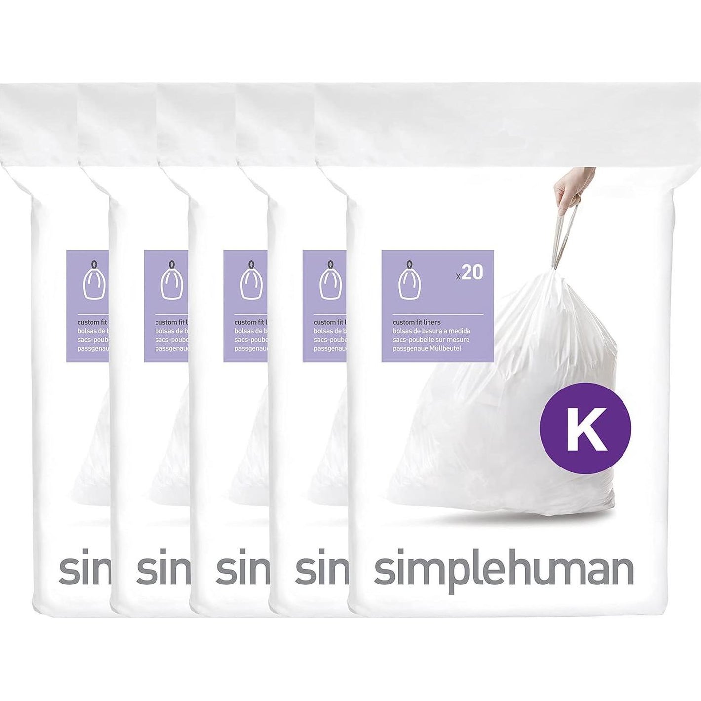 simplehuman Simplehuman Code K 100 Count, Genuine Custom Fit Liners, Drawstring Trash Bags In Dispenser Packs, 35-45 Liter / 9-12 Gallon, White