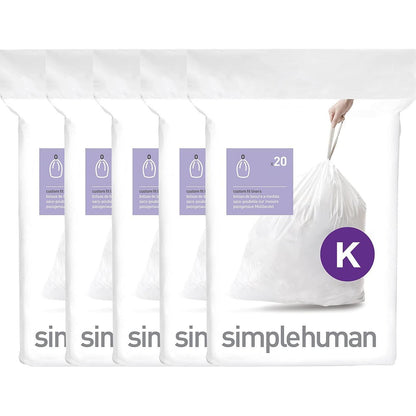simplehuman Simplehuman Code K 100 Count, Genuine Custom Fit Liners, Drawstring Trash Bags In Dispenser Packs, 35-45 Liter / 9-12 Gallon, White
