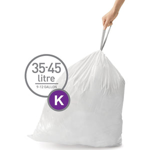 simplehuman Simplehuman Code K 60 Liners, 50% Recycled Custom Fit Bin Bags In Dispenser Packs With Durable Drawstring Tie Handle, 35-45L, White