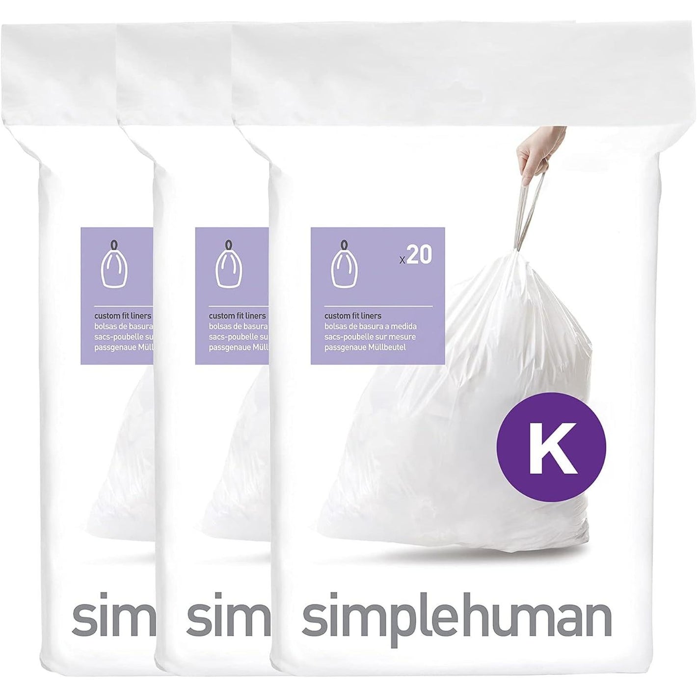 simplehuman Simplehuman Code K 60 Liners, 50% Recycled Custom Fit Bin Bags In Dispenser Packs With Durable Drawstring Tie Handle, 35-45L, White