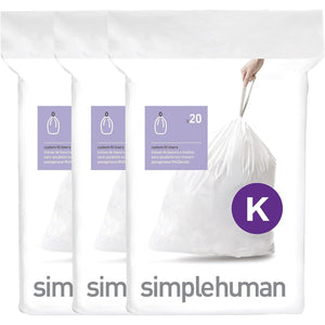 simplehuman Simplehuman Code K 60 Liners, 50% Recycled Custom Fit Bin Bags In Dispenser Packs With Durable Drawstring Tie Handle, 35-45L, White