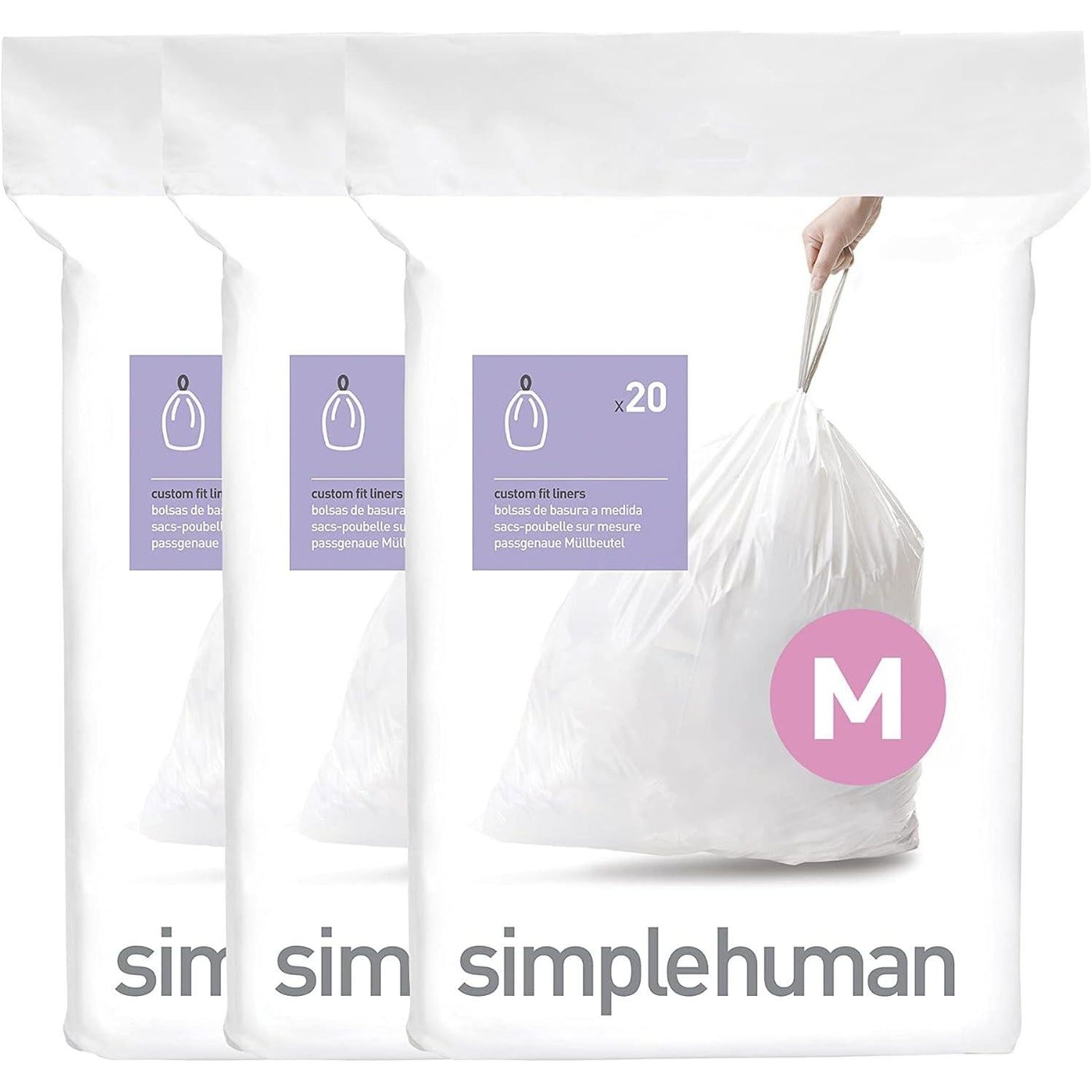 simplehuman Simplehuman Code M 60 Count, Genuine Custom Fit Liners, Drawstring Trash Bags In Dispenser Packs, 45 Liter / 11.9 Gallon, White