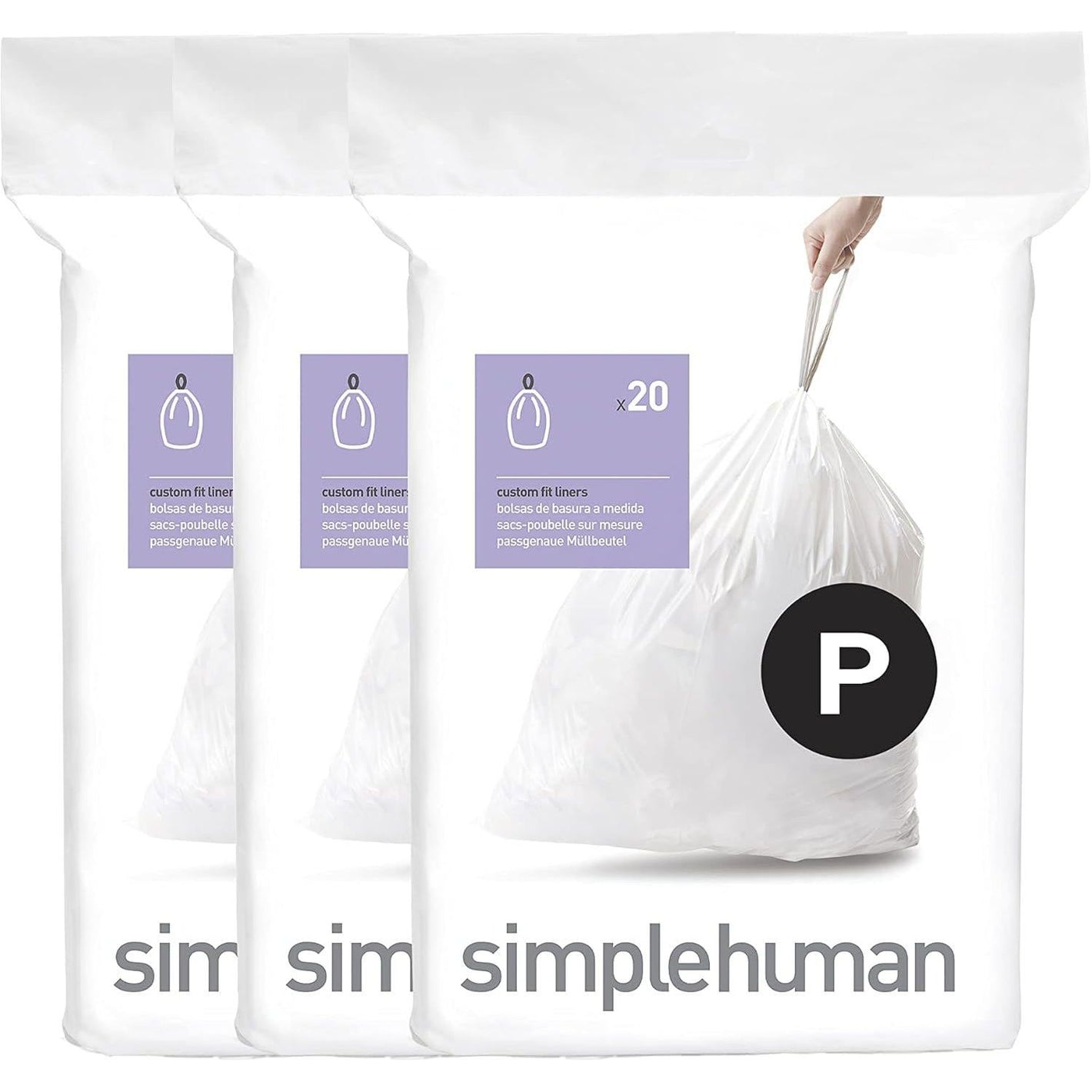 SimpleHuman Code P, 60 Count Genuine Custom Fit Liners, Drawstring Trash Bags in Dispenser Packs, 50-60 Liter (13-16 Gallon)
