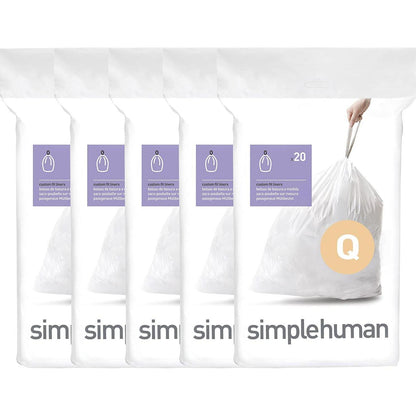 Simplehuman Code Q 100-Count Custom Fit Drawstring Trash Bags, 50-65 Liter (13-17 Gallon), White, Dispenser Packs for Easy Use