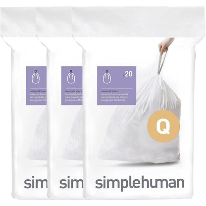 Simplehuman Code Q Trash Bags, 60 Count, Genuine Custom Fit Liners, Drawstring, 50-65 Liter, 13-172 Gallon, White
